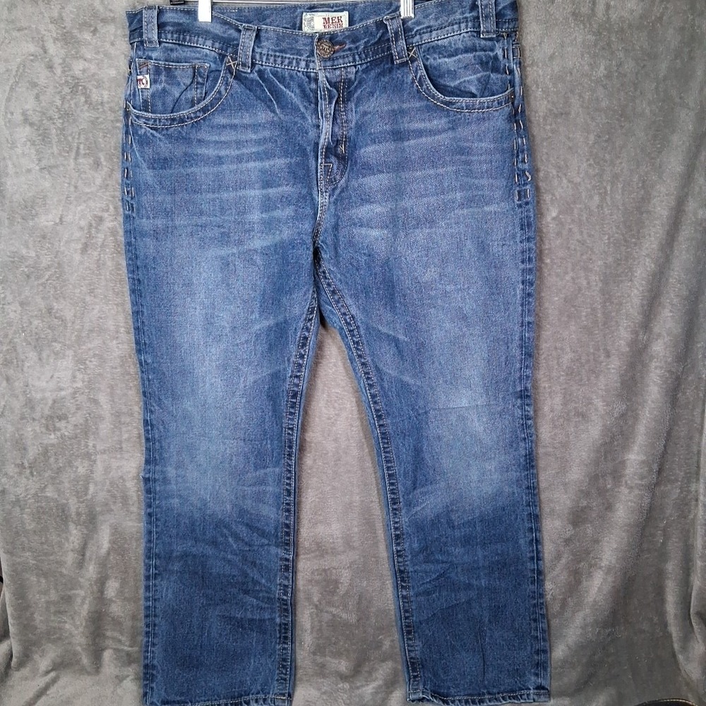 Mek Denim Cody Straight Mens Size 42x34‎ Blue Embroidered Button Fly 5 Pocket